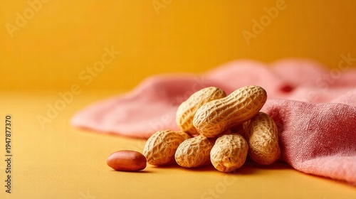 Pile of peanuts with one shelled peanut on a pink cloth and yellow background