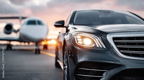 Luxury sedan parked on tarmac next to a private jet at sunset