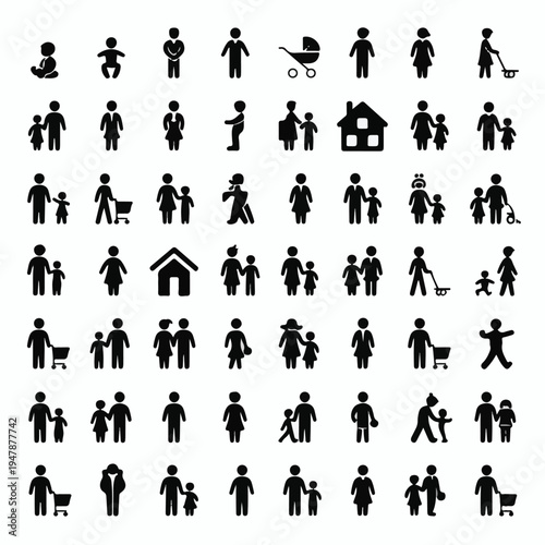 A collection of 60 black and white minimalist icons showing people in various daily life and social interaction scenes depicted in a simple graphic style on a white background.