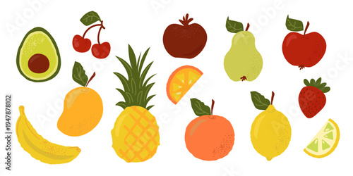 A set of colorful fruits and berries in a hand-drawn abstract style.
