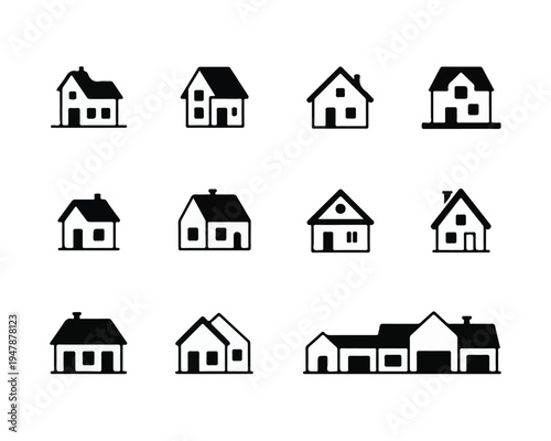 A set of 12 minimalist black and white houses icons are displayed