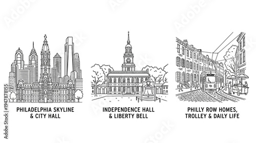 Philadelphia Landmarks Collection Skyline Independence Hall and Row Homes