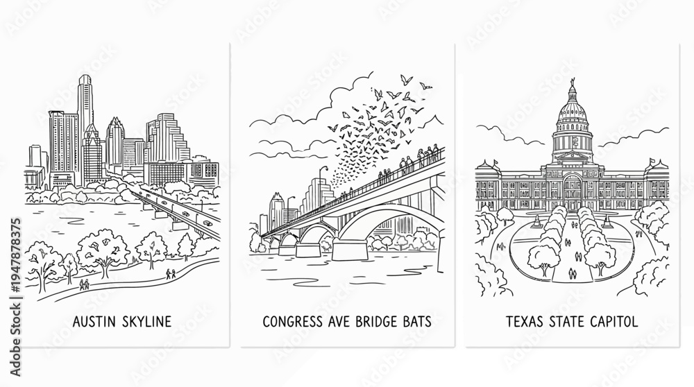 Fototapeta premium Austin Texas Landmarks Skyline Bridge and Capitol in Line Art