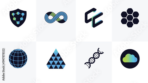 A collection of eight minimalistic technology and science symbols in a grid layout