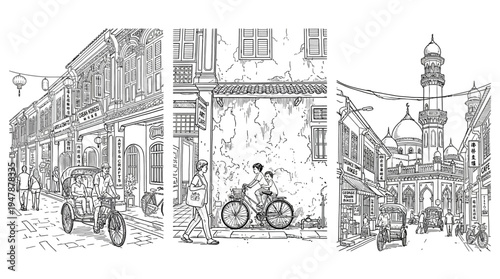 Black and White Scenes of Historic Asian Cityscapes