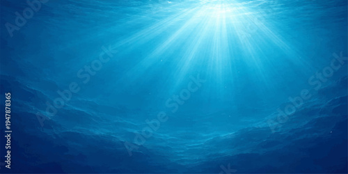 Abstract an immersive underwater scene, where sunlight streams downwards through the deep blue ocean. Capturing the sense of calm and serenity of the ocean depths.