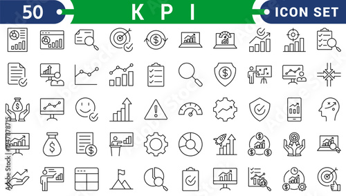 kpi icon set collection in solid glyph style. an icon pack contain scorecards; target; evaluation; goal setting; performance; metric