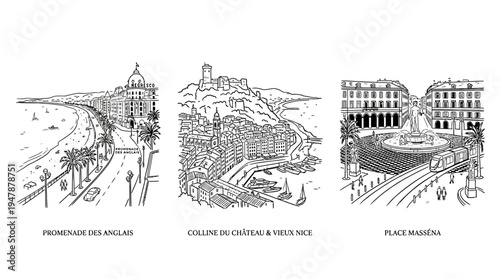 Nice France Landmarks Sketch Set