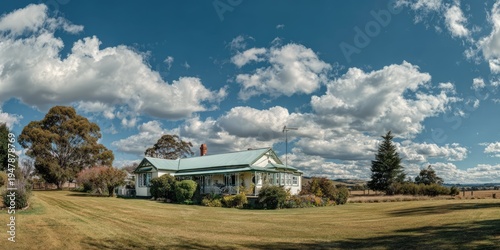 Rural Australian Homestead Under a Vast Blue Sky with Fluffy White Clouds.