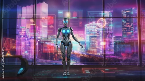 Robot standing in front of city.