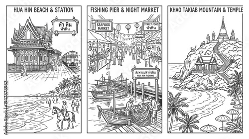 Thai Landmarks Beach Pier Mountain Vignettes