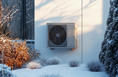 Wall-mounted heat pump on a modern white house exterior with snow-covered shrubs and evergreen, bathed in warm golden sunlight and a calm winter stillness
