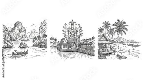Thai Landscape Sketches Scenic Views of Coastlines and Temples