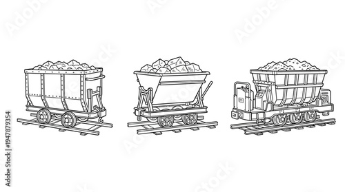 Coal Carts on Railroad Tracks Black and White Drawing