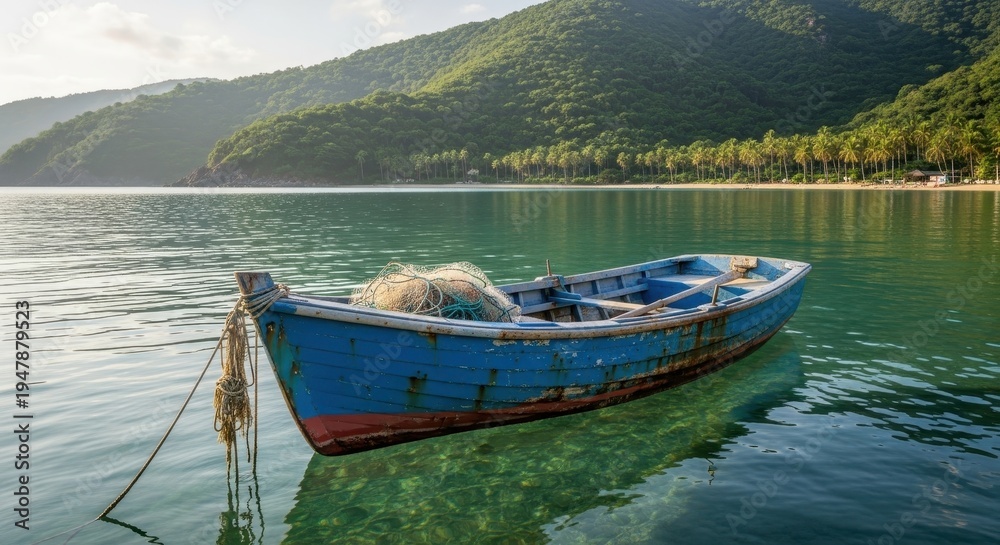 Obraz premium Tranquil scene of a blue boat floating on a calm lake.