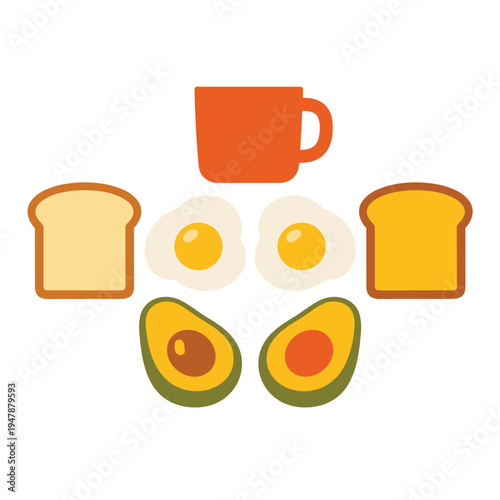 Breakfast food items with eggs, toast, and avocado