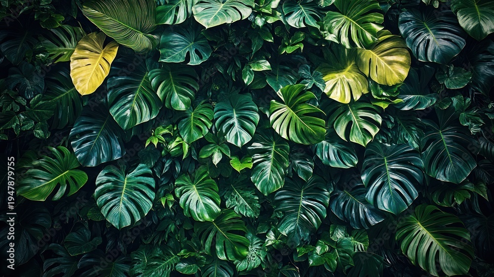 Fototapeta premium dense wall of overlapping tropical green leaves with glossy textures and a few yellowing leaves, evoking a lush peaceful calm