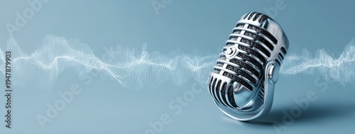 Vintage Microphone with Sound Waves on Blue Background.