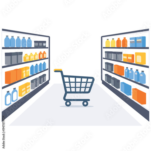 Grocery store aisle with shopping cart