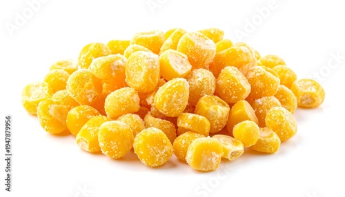 A close-up shot of a pile of small, vibrant yellow food items. The objects appear slightly frosted, suggesting they are frozen
