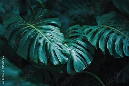 Lush Green Monstera Leaves in a Tropical Garden.