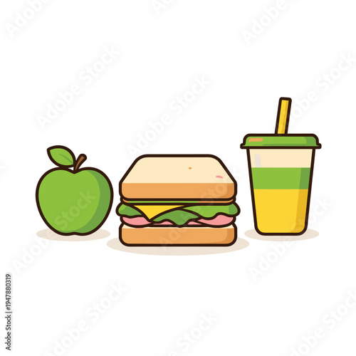Lunch items with apple, sandwich, and drink
