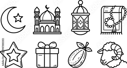 Set of 8 Outline Islamic Celebration Icons Vector for Ramadan, Eid al-Fitr, and Eid al-Adha with Mosque, Lantern, and Crescent Moon