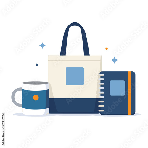 Stylish tote bag, mug, and notebook illustration
