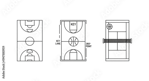 Detailed Schematics of Basketball and Tennis Courts for Sports Design.