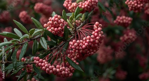 Branches of European spindle tree laden with colorful pink berries