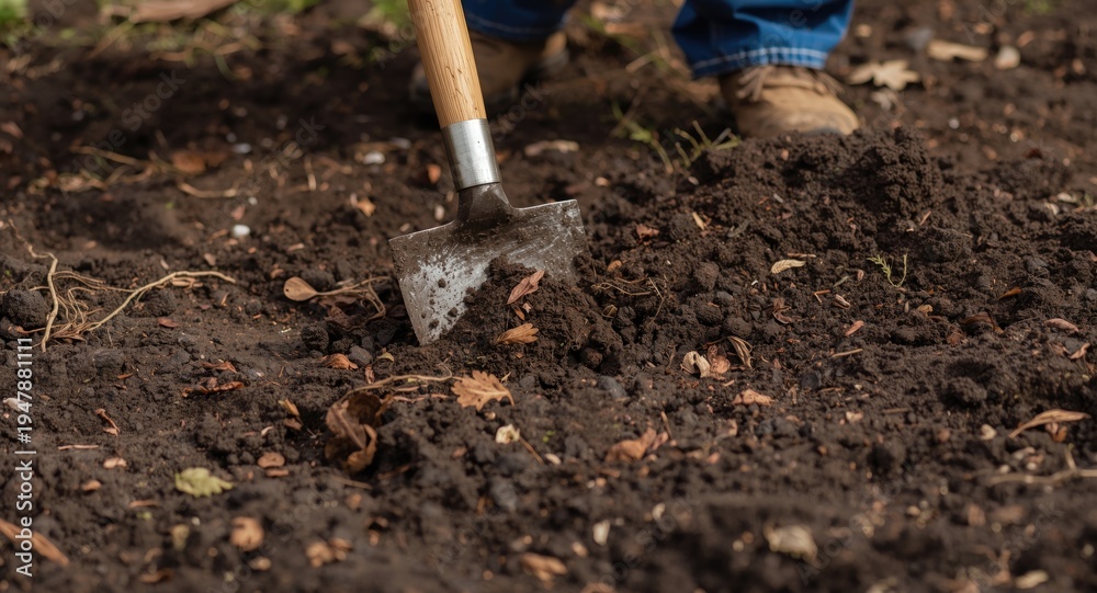 Fototapeta premium Active spring garden project with tools turning loose soil layers