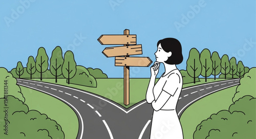 Woman Standing at Crossroads Decision.