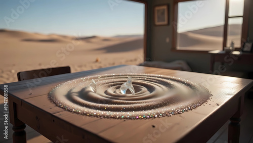 Surreal Concept of a Wooden Table Turning into Rippling Desert Sand