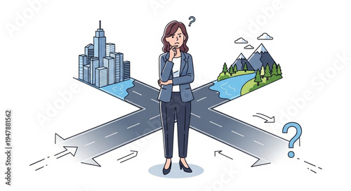 Woman Standing at Crossroads Decision.