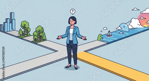 Woman standing at crossroads decision.
