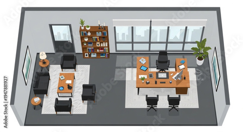 Modern Office Interior Design with Desk, Seating Area, and Bookshelf.