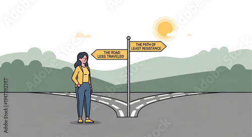 Woman standing at crossroads.