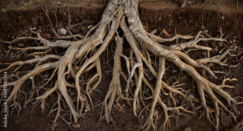 Fototapeta premium Detailed view of fallen tree roots sprawling underground with earthy soil and sky above