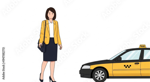 Woman standing next to taxi.