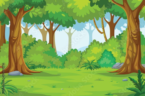 Cartoon Forest Clearing with Lush Greenery and Trees Sunny Day Background  Illustration
