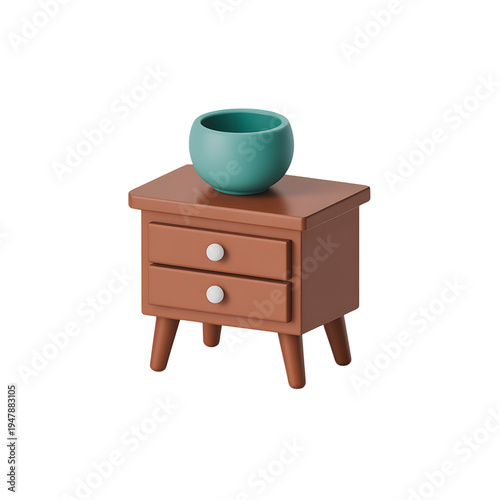 A stylized teal planter sits atop a small reddish brown bedside table on transparent