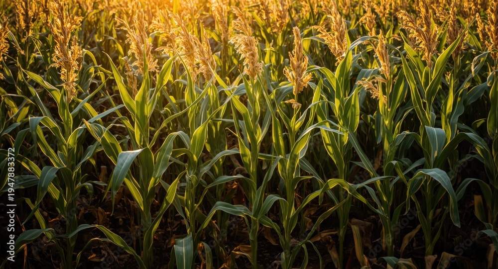 Obraz premium Corn plants basking in golden sunlight with dark nutrient rich ground