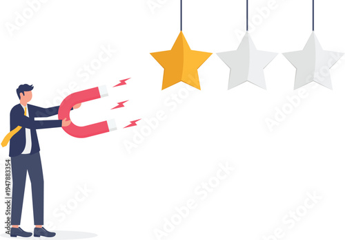 Businessman using a magnet to attract stars representing quality improvement and rating growth