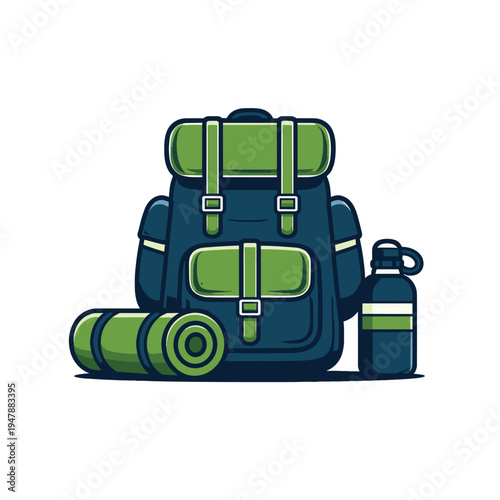 Camping gear backpack with water bottle and sleeping mat