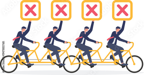 Team of four professional men on a tandem bicycle with red X marks above them representing failure and mistakes