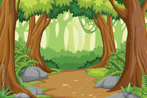 Cartoon Forest Path With Trees Rocks and Lush Greenery Illustration