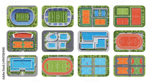 Aerial Views of Various Sports Fields and Courts.
