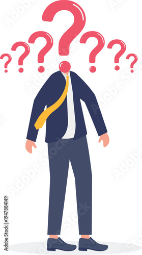 Businessman standing with multiple red question marks around his head symbolizing confusion and difficult decision making