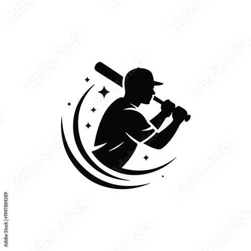 A minimalist logo design of a baseball player swinging a bat with motion lines and stars