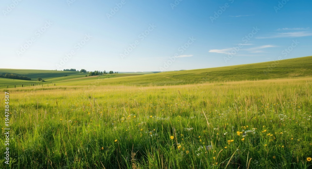 Obraz premium Bright seasonal meadow in summer with wildflower patches stretching across rolling green hills